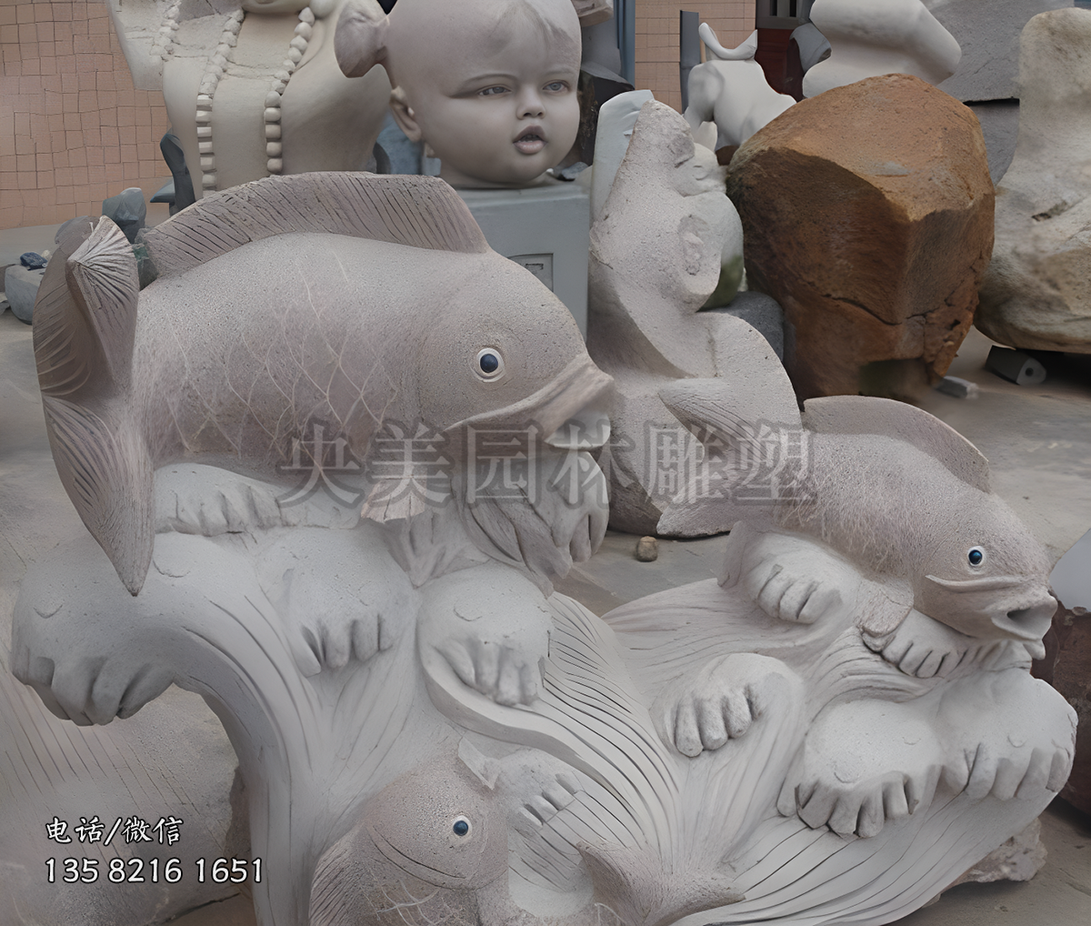 大理石浮刻鯉魚雕塑擺件