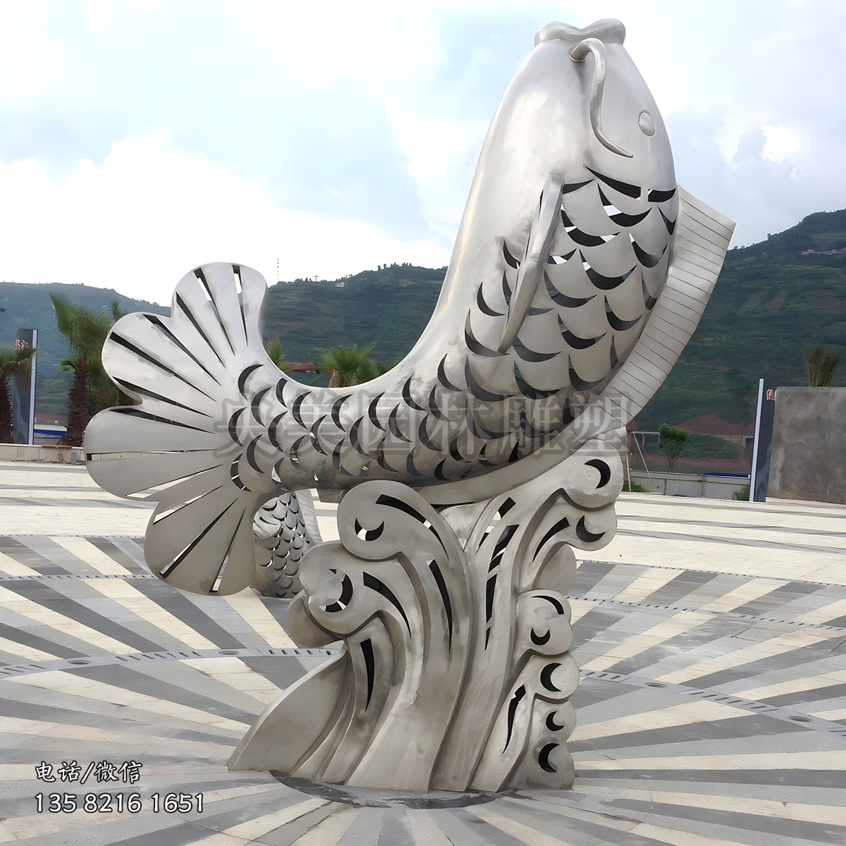 鏤空不銹鋼躍水鯉魚景觀雕塑