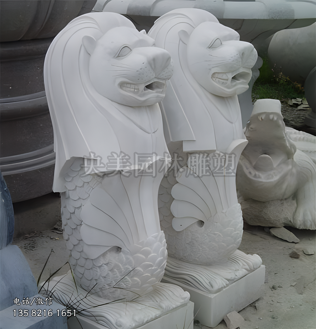 漢白玉石雕魚尾獅雕塑擺件